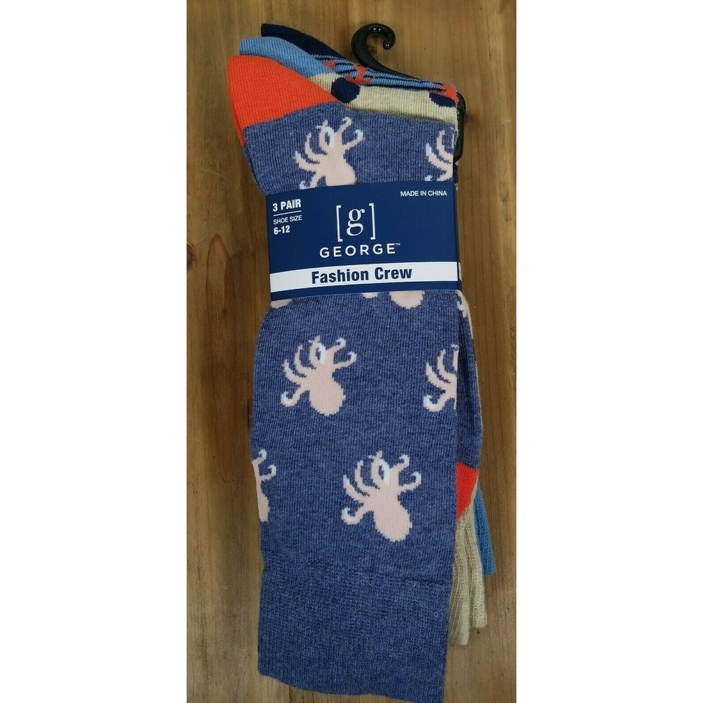 Octopus Crabs Sea Polka Dot Crew Socks 3pk 6-12 Cotton Men's George NEW